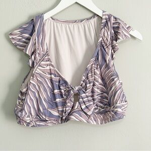 SEA ANGEL Women’s Purple Palm Print Peek A Boo Tie Ruffle Sleeve Swim Top Sz 1X